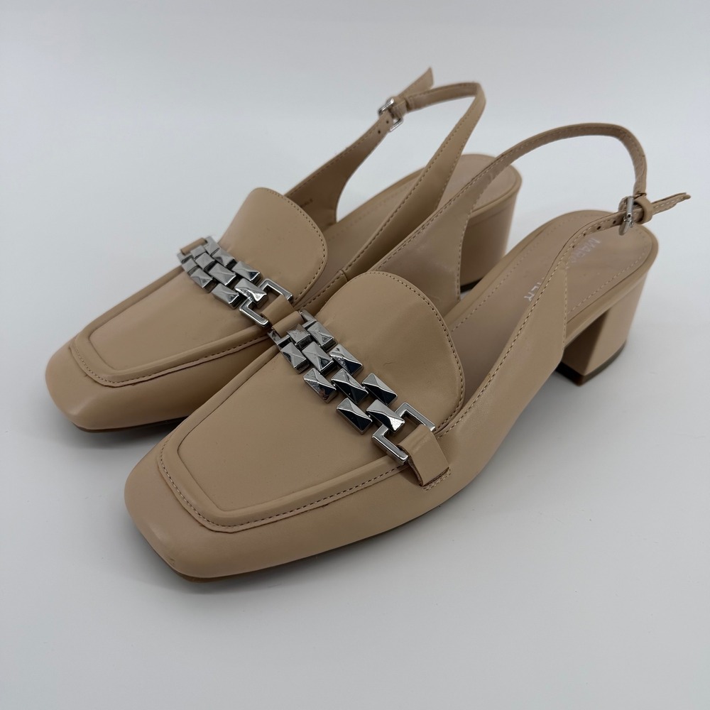 Marc Fisher Graci Loafer Womens 8M Beige Slingback Block Heel Silver Chain